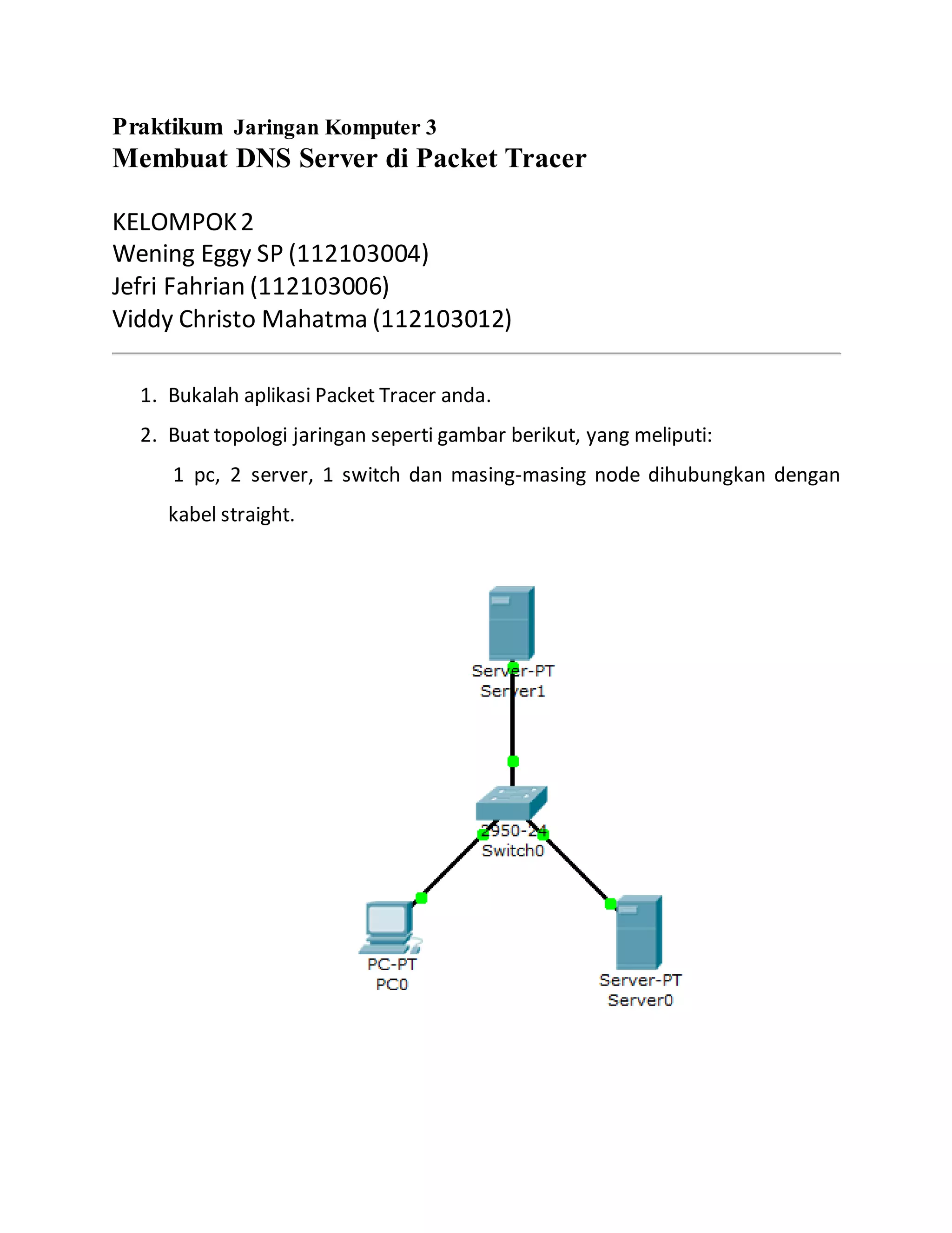 Praktikum Jaringan Komputer 3
Membuat DNS Server di Packet Tracer
KELOMPOK2
Wening Eggy SP (112103004)
Jefri Fahrian (112103006)
Viddy Christo Mahatma (112103012)
1. Bukalah aplikasi Packet Tracer anda.
2. Buat topologi jaringan seperti gambar berikut, yang meliputi:
1 pc, 2 server, 1 switch dan masing-masing node dihubungkan dengan
kabel straight.