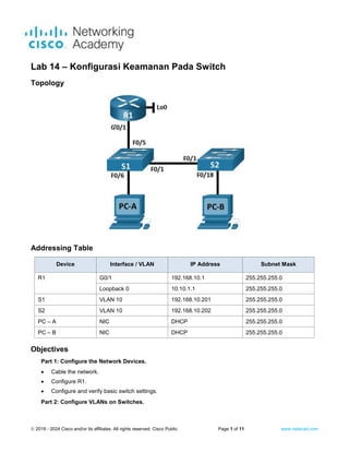  2019 - 2024 Cisco and/or its affiliates. All rights reserved. Cisco Public Page 1 of 11 www.netacad.com
Lab 14 – Konfigurasi Keamanan Pada Switch
Topology
Addressing Table
Device Interface / VLAN IP Address Subnet Mask
R1 G0/1 192.168.10.1 255.255.255.0
R1
Loopback 0 10.10.1.1 255.255.255.0
S1 VLAN 10 192.168.10.201 255.255.255.0
S2 VLAN 10 192.168.10.202 255.255.255.0
PC – A NIC DHCP 255.255.255.0
PC – B NIC DHCP 255.255.255.0
Objectives
Part 1: Configure the Network Devices.
 Cable the network.
 Configure R1.
 Configure and verify basic switch settings.
Part 2: Configure VLANs on Switches.
 