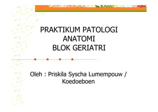 PRAKTIKUM PATOLOGI
ANATOMI
BLOK GERIATRI
Oleh : Priskila Syscha Lumempouw /
Koedoeboen
 