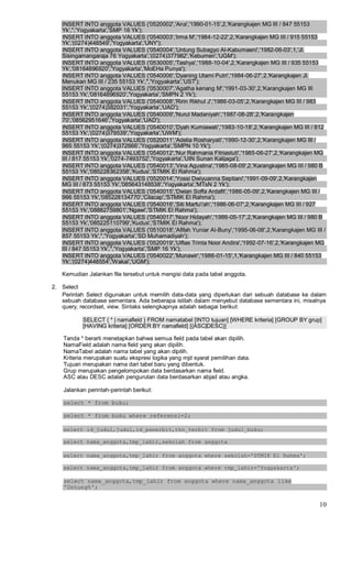 INSERT INTO anggota VALUES ('0520002','Ana','1990-01-15',2,'Karangkajen MG III / 847 55153
Yk','','Yogyakarta','SMP 16 Yk');
INSERT INTO anggota VALUES ('0540003','Irma M','1984-12-22',2,'Karangkajen MG III / 915 55153
Yk','(0274)448549','Yogyakarta','UNY');
INSERT INTO anggota VALUES ('0540004','Untung Subagyo Al-Kabumaeni','1982-06-03',1,'Jl.
Sisingamangaraja 76 Yogyakarta','(0274)377982','Kebumen','UGM');
INSERT INTO anggota VALUES ('0530005','Tashya','1988-10-04',2,'Karangkajen MG III / 935 55153
Yk','08164896920','Yogyakarta','MoEHa Punya');
INSERT INTO anggota VALUES ('0540006','Dyaning Utami Putri','1984-06-27',2,'Karangkajen Jl.
Menukan MG III / 235 55153 Yk','','Yogyakarta','UST');
INSERT INTO anggota VALUES ('0530007','Agatha kenang M','1991-03-30',2,'Karangkajen MG III
55153 Yk','08164896920','Yogyakarta','SMPN 2 Yk');
INSERT INTO anggota VALUES ('0540008','Ririn Rikhul J','1986-03-05',2,'Karangkajen MG III / 983
55153 Yk','(0274)382031','Yogyakarta','UAD');
INSERT INTO anggota VALUES ('0540009','Nurul Madaniyah','1987-08-28',2,'Karangkajen
70','08562951646','Yogyakarta','UAD');
INSERT INTO anggota VALUES ('0540010','Dyah Kurniawati','1983-10-18',2,'Karangkajen MG III / 812
55153 Yk','(0274)379539','Yogyakarta','UWM');
INSERT INTO anggota VALUES ('0520011','Adelia Rosharyati','1990-12-30',2,'Karangkajen MG III /
965 55153 Yk','(0274)372666','Yogyakarta','SMPN 10 Yk');
INSERT INTO anggota VALUES ('0540012','Nur Rahmania Fitriastuti','1985-06-27',2,'Karangkajen MG
III / 817 55153 Yk','0274-7493752','Yogyakarta','UIN Sunan Kalijaga');
INSERT INTO anggota VALUES ('0540013','Vina Agustina','1985-08-09',2,'Karangkajen MG III / 980 B
55153 Yk','085228362358','Kudus','STMIK El Rahma');
INSERT INTO anggota VALUES ('0520014','Yossi Dwiyuanna Septiani','1991-09-09',2,'Karangkajen
MG III / 873 55153 Yk','085643148538','Yogyakarta','MTsN 2 Yk');
INSERT INTO anggota VALUES ('0540015','Dwian Soffa Ardafit','1986-05-09',2,'Karangkajen MG III /
966 55153 Yk','085228134770','Cilacap','STMIK El Rahma');
INSERT INTO anggota VALUES ('0540016','Siti Marfu'ah','1986-06-07',2,'Karangkajen MG III / 927
55153 Yk','08882759801','Ngawi','STMIK El Rahma');
INSERT INTO anggota VALUES ('0540017','Noor Hidayah','1986-05-17',2,'Karangkajen MG III / 980 B
55153 Yk','085225110799','Kudus','STMIK El Rahma');
INSERT INTO anggota VALUES ('0510018','Afifah Yuniar Al-Buny','1995-06-08',2,'Karangkajen MG III /
857 55153 Yk','','Yogyakarta','SD Muhamadiyah');
INSERT INTO anggota VALUES ('0520019','Ulfias Trinta Noor Andira','1992-07-16',2,'Karangkajen MG
III / 847 55153 Yk','','Yogyakarta','SMP 16 Yk');
INSERT INTO anggota VALUES ('0540022','Munawir','1986-01-15',1,'Karangkajen MG III / 840 55153
Yk','(0274)448554','Wakai','UGM');
Kemudian Jalankan file tersebut untuk mengisi data pada tabel anggota.
2. Select
Perintah Select digunakan untuk memilih data-data yang diperlukan dari sebuah database ke dalam
sebuah database sementara. Ada beberapa istilah dalam menyebut database sementara ini, misalnya
query, recordset, view. Sintaks selengkapnya adalah sebagai berikut:
SELECT { * | namafield } FROM namatabel [INTO tujuan] [WHERE kriteria] [GROUP BY grup]
[HAVING kriteria] [ORDER BY namafield] [{ASC|DESC}]
Tanda * berarti menetapkan bahwa semua field pada tabel akan dipilih.
NamaField adalah nama field yang akan dipilih.
NamaTabel adalah nama tabel yang akan dipilih.
Kriteria merupakan suatu ekspresi logika yang mjd syarat pemilihan data.
Tujuan merupakan nama dari tabel baru yang dibentuk.
Grup merupakan pengelompokan data berdasarkan nama field.
ASC atau DESC adalah pengurutan data berdasarkan abjad atau angka.
Jalankan perintah-perintah berikut:
select * from buku;
select * from buku where referensi=2;
select id_judul,judul,id_penerbit,thn_terbit from judul_buku;
select nama_anggota,tmp_lahir,sekolah from anggota
select nama_anggota,tmp_lahir from anggota where sekolah='STMIK El Rahma';
select nama_anggota,tmp_lahir from anggota where tmp_lahir='Yogyakarta';
select nama_anggota,tmp_lahir from anggota where nama_anggota like
'Untung%';
10
 