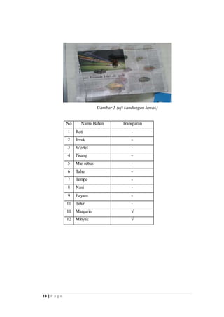 13 | P a g e 
Gambar 5 (uji kandungan lemak) 
No Nama Bahan Transparan 
1 Roti - 
2 Jeruk - 
3 Wortel - 
4 Pisang - 
5 Mie rebus - 
6 Tahu - 
7 Tempe - 
8 Nasi - 
9 Bayam - 
10 Telur - 
11 Margarin √ 
12 Minyak √ 
 