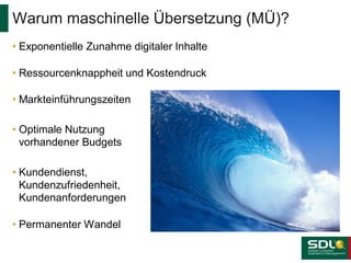 Warum maschinelle Übersetzung (MÜ)?
• Exponentielle Zunahme digitaler Inhalte
• Ressourcenknappheit und Kostendruck
• Markteinführungszeiten
• Optimale Nutzung
vorhandener Budgets
• Kundendienst,
Kundenzufriedenheit,
Kundenanforderungen
• Permanenter Wandel

 