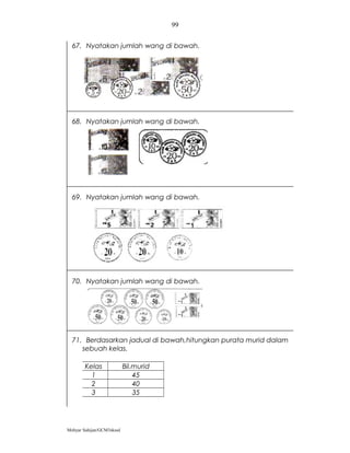 99


  67. Nyatakan jumlah wang di bawah.




  68. Nyatakan jumlah wang di bawah.




  69. Nyatakan jumlah wang di bawah.




  70. Nyatakan jumlah wang di bawah.




  71. Berdasarkan jadual di bawah,hitungkan purata murid dalam
     sebuah kelas.

        Kelas              Bil.murid
          1                    45
          2                    40
          3                    35




Mohyar Sahijan/GCM3skssd
 