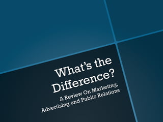 What’s the
Difference?
A Review On Marketing,
Advertising and Public Relations
 