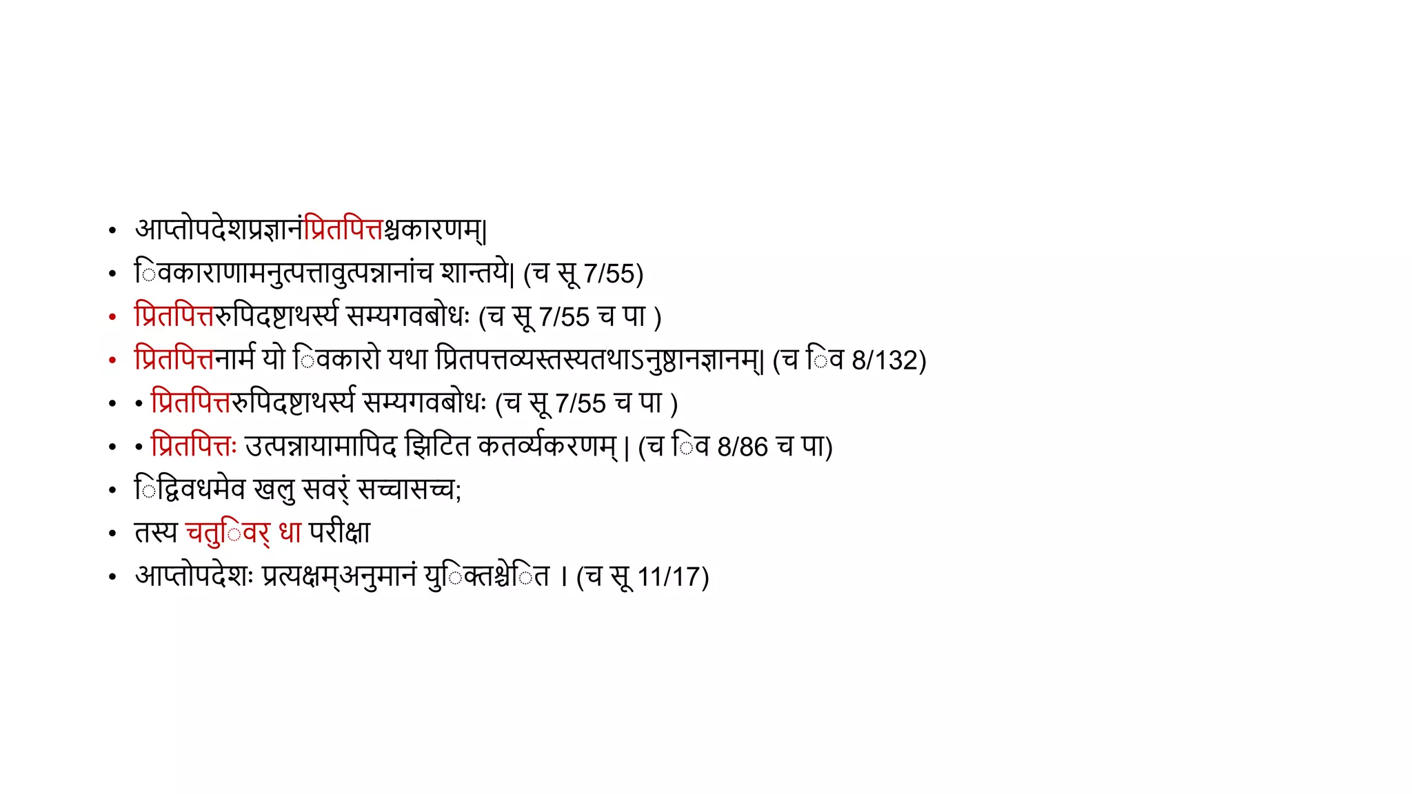 • आप्तोपदेशप्रज्ञानंवप्रिवपत्तश्चकारणम्|
• व िकाराणामनत्पत्ताित्पन्नानांच शान्तये| (च सू 7/55)
• वप्रिवपत्तरुवपदिार्स्यथ सम्यगििोधुः (च सू 7/55 च पा )
• वप्रिवपत्तनामथ यो व िकारो यर्ा वप्रिपत्तव्यस्तस्यिर्ाऽनिानज्ञानम्| (च व ि 8/132)
• • वप्रिवपत्तरुवपदिार्स्यथ सम्यगििोधुः (च सू 7/55 च पा )
• • वप्रिवपत्तुः उत्पन्नायामावपद विविि किव्यथकरणम् | (च व ि 8/86 च पा)
• व वद्विधमेि खल सिर्ं सचासच;
• िस्य चिव िर् धा परीक्षा
• आप्तोपदेशुः प्रत्यक्षम्अनमानं यव क्तश्चेव ि । (च सू 11/17)
 