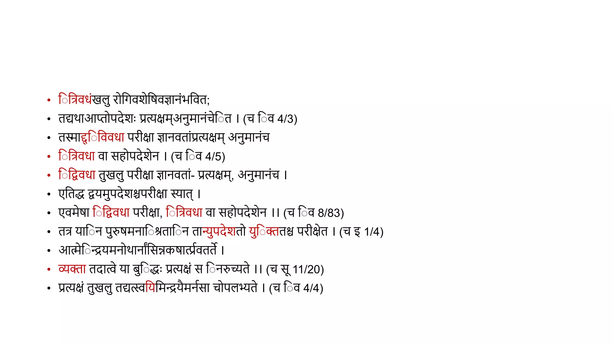 • व वत्रिधंखल रोवगिशेवर्िज्ञानंभविि;
• िद्यर्ाआप्तोपदेशुः प्रत्यक्षम्अनमानंचेव ि । (च व ि 4/3)
• ििाद्द
् व वििधा परीक्षा ज्ञानििांप्रत्यक्षम् अनमानंच
• व वत्रिधा िा सहोपदेशेन । (च व ि 4/5)
• व वद्विधा िखल परीक्षा ज्ञानििां- प्रत्यक्षम्, अनमानंच ।
• एविद्ध द्वयमपदेशश्चपरीक्षा स्याि् ।
• एिमेर्ा व वद्विधा परीक्षा, व वत्रिधा िा सहोपदेशेन ।। (च व ि 8/83)
• ित्र याव न परुर्मनाव श्रिाव न िान्यपदेशिो यव क्तिश्च परीक्षेि । (च इ 1/4)
• आमेव ियमनोर्ानांवसन्नकर्ात्प्रथिििे ।
• व्यक्ता िदात्वे या िव द्धुः प्रत्यक्षं स व नरुच्यिे ।। (च सू 11/20)
• प्रत्यक्षं िखल िद्यत्स्ववयवमियैमनथसा चोपलभ्िे । (च व ि 4/4)
 