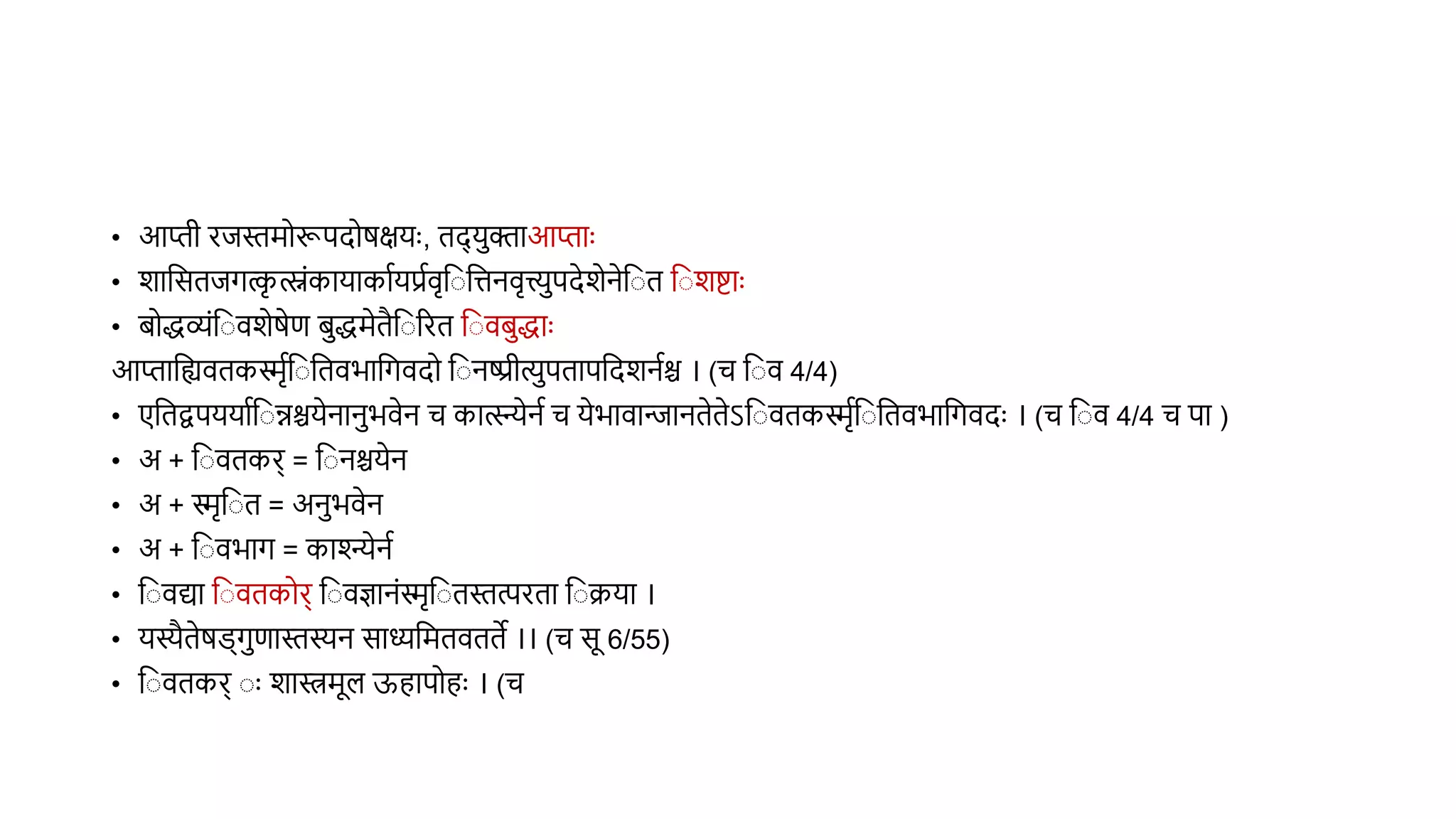 • आप्ती रिस्तमोरूपदोर्क्षयुः, िद् यक्ताआप्ताुः
• शावसििगक
ृ त्स्नंकायाकाथयप्रथिृव वत्तनिृत्त्यपदेशेनेव ि व शिाुः
• िोद्धव्यंव िशेर्ेण िद्धमेिैव ररि व ििद्धाुः
आप्तावह्यििकिृथव वििभावगिदो व नष्प्रीत्यपिापवदशनथश्च । (च व ि 4/4)
• एविद्वपययाथव न्नश्चयेनानभिेन च कात्स्त्न्येनथ च येभािान्स्त्िानिेिेऽव ििकिृथव वििभावगिदुः । (च व ि 4/4 च पा )
• अ + व ििकर् = व नश्चयेन
• अ + िृव ि = अनभिेन
• अ + व िभाग = काश्न्न्येनथ
• व िद्या व ििकोर् व िज्ञानंिृव िस्तत्परिा व क्रया ।
• यस्यैिेर्ड्गणास्तस्यन साध्यवमििििे ।। (च सू 6/55)
• व ििकर् ुः शास्त्रमूल ऊहापोहुः । (च
 