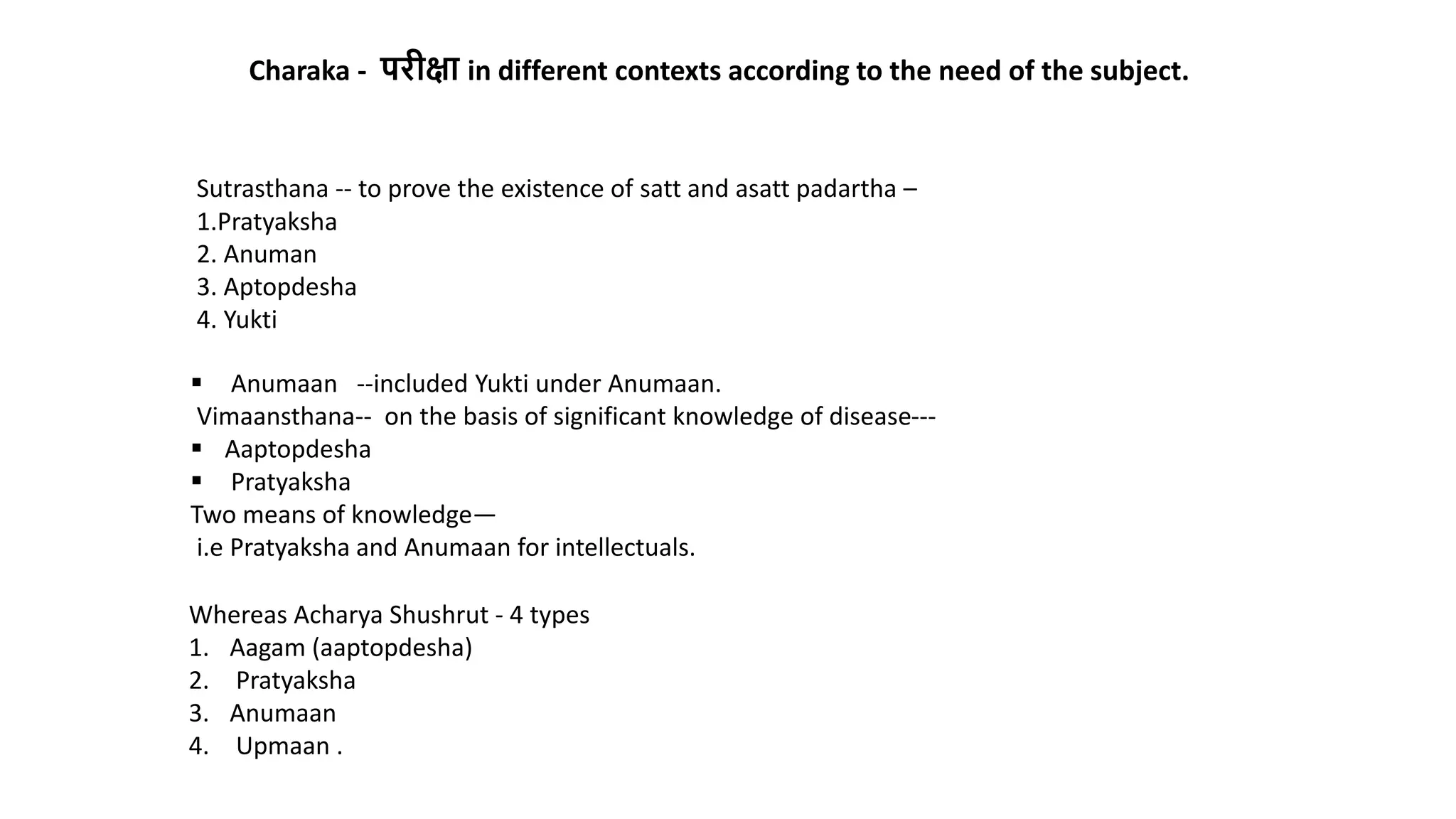Sutrasthana -- to prove the existence of satt and asatt padartha –
1.Pratyaksha
2. Anuman
3. Aptopdesha
4. Yukti
 Anumaan --included Yukti under Anumaan.
Vimaansthana-- on the basis of significant knowledge of disease---
 Aaptopdesha
 Pratyaksha
Two means of knowledge—
i.e Pratyaksha and Anumaan for intellectuals.
Whereas Acharya Shushrut - 4 types
1. Aagam (aaptopdesha)
2. Pratyaksha
3. Anumaan
4. Upmaan .
Charaka - परीक्षा in different contexts according to the need of the subject.
 