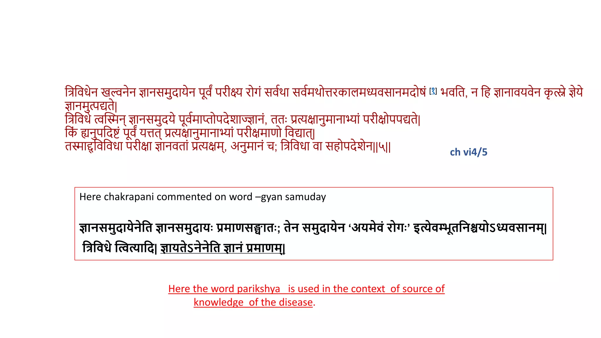 Here chakrapani commented on word –gyan samuday
ज्ञानसमुिायेनेमि ज्ञानसमुिायैः प्रमाणसङ्घािैः; िेन समुिायेन ‘अयमेवं रोगैः’ इत्येवम्भूिमनश्चयोऽध्यवसानम्|
मिमवधे ब्धित्यामि| ज्ञायिेऽनेनेमि ज्ञानं प्रमाणम्|
ch vi4/5
वत्रविधेन खल्वनेन ज्ञानसमदायेन पूिं परीक्ष्य रोगं सिथर्ा सिथमर्ोत्तरकालमध्यिसानमदोर्ं [१] भिवि, न वह ज्ञानाियिेन क
ृ त्स्ने ज्ञेये
ज्ञानमत्पद्यिे|
वत्रविधे त्वस्तिन् ज्ञानसमदये पूिथमाप्तोपदेशाज्ज्ञानं, ििुः प्रत्यक्षानमानाभ्ां परीक्षोपपद्यिे|
वक
ं ह्यनपवदिं पूिं यत्ति् प्रत्यक्षानमानाभ्ां परीक्षमाणो विद्याि्|
ििाद्द
् विविधा परीक्षा ज्ञानििां प्रत्यक्षम्, अनमानं च; वत्रविधा िा सहोपदेशेन||५||
Here the word parikshya is used in the context of source of
knowledge of the disease.
 