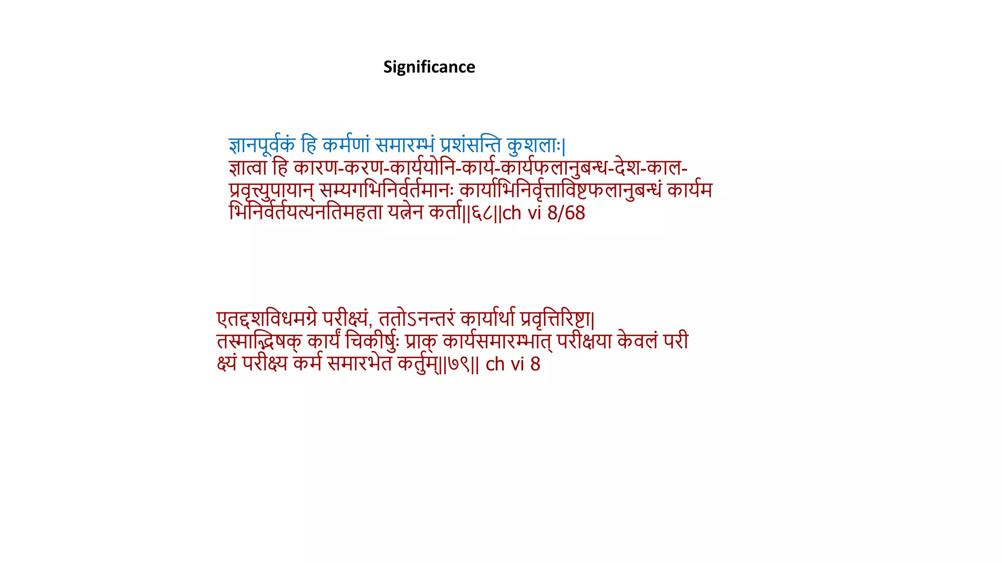 Significance
ज्ञानपूिथक
ं वह कमथणां समारम्भं प्रशंसस्तन्त कशलाुः|
ज्ञात्वा वह कारण-करण-कायथयोवन-कायथ-कायथफलानिन्ध-देश-काल-
प्रिृत्त्यपायान् सम्यगवभवनिथिथमानुः कायाथवभवनिृथत्तावििफलानिन्धं कायथम
वभवनिथिथयत्यनविमहिा यत्नेन किाथ||६८||ch vi 8/68
एिद्दशविधमग्रे परीक्ष्यं, ििोऽनन्तरं कायाथर्ाथ प्रिृवत्तररिा|
ििास्तिर्क
् कायं वचकीर्थुः प्राक
् कायथसमारम्भाि् परीक्षया क
े िलं परी
क्ष्यं परीक्ष्य कमथ समारभेि किथम्||७९|| ch vi 8
 