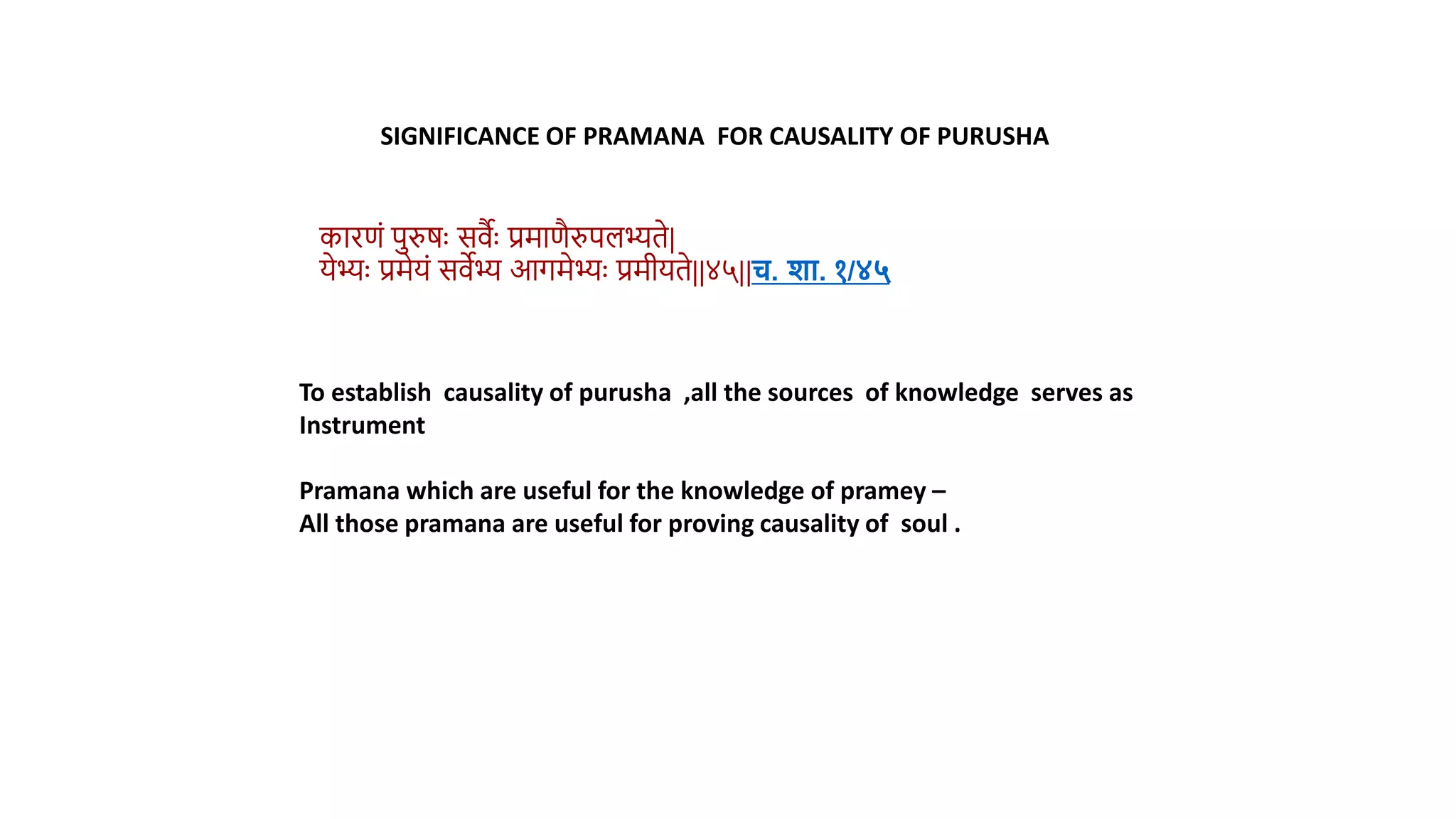 कारणं परुर्ुः सिवुः प्रमाणैरुपलभ्िे|
येभ्ुः प्रमेयं सिेभ् आगमेभ्ुः प्रमीयिे||४५||च. र्ा. १/४५
SIGNIFICANCE OF PRAMANA FOR CAUSALITY OF PURUSHA
To establish causality of purusha ,all the sources of knowledge serves as
Instrument
Pramana which are useful for the knowledge of pramey –
All those pramana are useful for proving causality of soul .
 