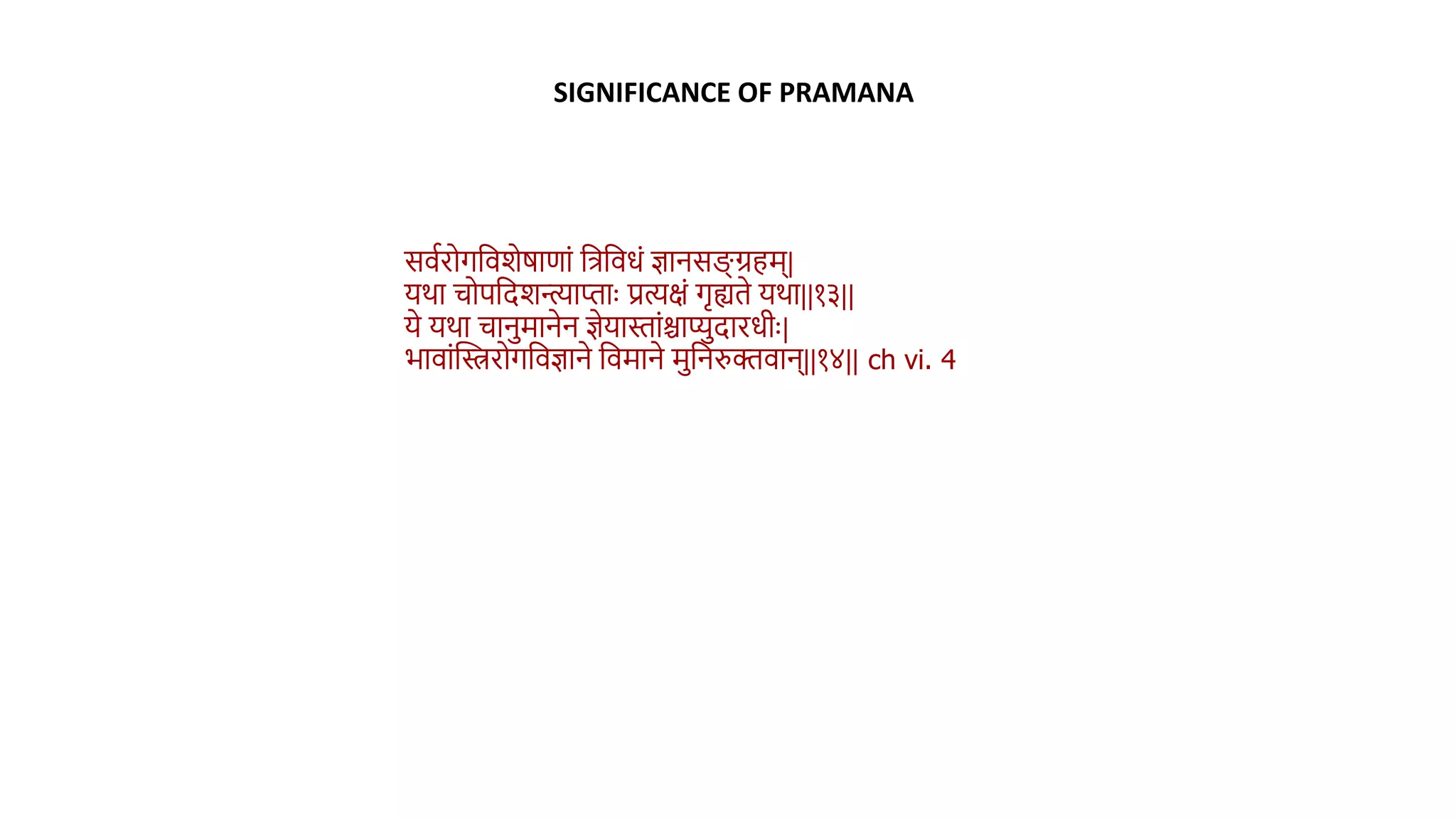 सिथरोगविशेर्ाणां वत्रविधं ज्ञानसङ्ग् ग्रहम्|
यर्ा चोपवदशन्त्याप्ताुः प्रत्यक्षं गृह्यिे यर्ा||१३||
ये यर्ा चानमानेन ज्ञेयास्तांश्चाप्यदारधीुः|
भािांस्तस्त्ररोगविज्ञाने विमाने मवनरुक्तिान्||१४|| ch vi. 4
SIGNIFICANCE OF PRAMANA
 