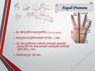  देहः स्वैरङ् गुिैरेष र्थािदनुकीततयतः | (Su.Su.35/14)
 स्वाङ
् गुिोऽत्राङ् गुतिमध्यप्रदेशो माने ज्ञेर्ः | (चक्रः)
 ‘देहः स्वैरङ् गुिैररत्यनेन नारीशरीरं नार्यङ् गुिेन पुरुषशरीरं
पुरुषाङ् गुिेन मेर्ं, तकञ्च बािशरीरं बािाङ् गुिेन मेर्तमत्यतप
सूतचतं ज्ञेर्म् | (चक्रः)
 ‘तत्रर्िोऽत्राङ् गुिः’ इतत चक्रः|
Anguli Pramana
 