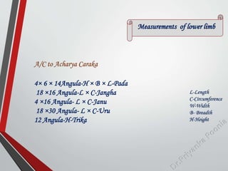 Measurements of lower limb
A/C to Acharya Caraka
4× 6 × 14Angula-H × B × L-Pada
18 ×16 Angula-L × C-Jangha
4 ×16 Angula- L × C-Janu
18 ×30 Angula- L × C-Uru
12 Angula-H-Trika
L-Length
C-Circumference
W-Width
B- Breadth
H-Height
 