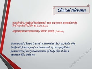 Clinical relevance
तत्रार्ुबयिमोजः सुखमैर्श्वर्ं तित्ततमष्टाश्चापरे िािा ििन्त्यार्त्ताः प्रमाणितत शरीरे;
तिपर्यर्स्त्वतो हीनेऽतधक
े िा| (Ca.Vi.8|117)
अङ्गप्रत्यङ्गमानसारज्ञानफिमाह- तिशेषत इत्यातद| (Dalhana)
Pramana of Sharira is used to determine the Ayu, Bala, Oja,
Sukha & Ashvarya of an individual. If ones fulfill the
parameters of every measurement of body then it has a
optimum life, Bala etc.
 
