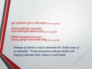 र्ुक्तः प्रमाणेनानेन पुमान् िा र्तद िाऽङ्गना | (su.su.35/14)
दीर्घयमार्ुरिाप्नोतत तित्तं च महदृच्छतत |
मध्यमं मध्यमैरार्ुतियत्तं हीनैस्तथाऽिरम् || (su.su.35/15)
तिशेषतोऽङ्गप्रत्यङ्गप्रमाणादथ सारतः |
परीक्ष्यार्ुः सुतनपुणो तिषक
् तसध्यतत कमयसु | (su.su.35/17)
Pramana of Sharira is used to determine the health status of
an individual. Normal parameters indicates health with
longevity abnormal show sickness or early death.
 