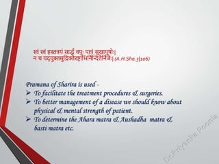 स्वं स्वं हस्तत्रर्ं सािं िपुः पात्रं सुखार्ुषोः|
न च र्द् र्ुक्तमुतिक्तैरष्टातितनयक्थितैतनयजैः| (A.H.Sha.3|106)
Pramana of Sharira is used -
 To facilitate the treatment procedures & surgeries.
 To better management of a disease we should know about
physical & mental strength of patient.
 To determine the Ahara matra & Aushadha matra &
basti matra etc.
 