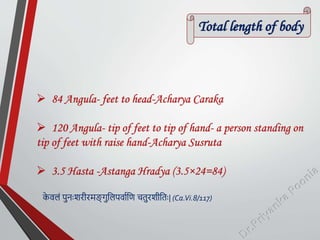 Total length of body
 84 Angula- feet to head-Acharya Caraka
 120 Angula- tip of feet to tip of hand- a person standing ...