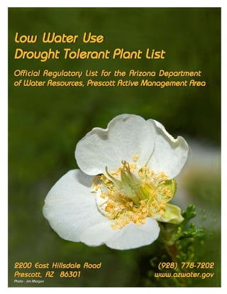 Low Water Use
Low Water Use
Drought Tolerant Plant List
Official Regulatory List for the Arizona Department
Official Regulatory List for the Arizona Department
of Water Resources, Prescott Active Management Area




2200 East Hillsdale Road              (928) 778-7202
Prescott, AZ 86301                   www.azwater.gov
Photo - Jim Morgan
 