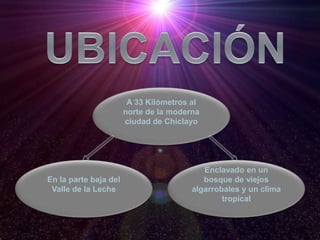A 33 Kilómetros al
norte de la moderna
ciudad de Chiclayo
En la parte baja del
Valle de la Leche
Enclavado en un
bosque de viejos
algarrobales y un clima
tropical
 