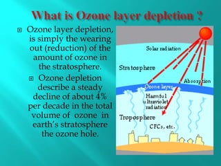  Ozone layer depletion,
is simply the wearing
out (reduction) of the
amount of ozone in
the stratosphere.
 Ozone depletion
describe a steady
decline of about 4%
per decade in the total
volume of ozone in
earth’s stratosphere
the ozone hole.
 