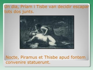 Un dia, Príam i Tisbe van decidir escapar tots dos junts. Nocte, Piramus et Thisbe  apud  fontem  convenire statuerunt . 