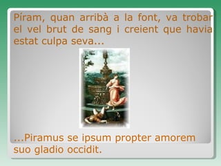 Píram, quan arribà a la font, va trobar el vel brut de sang i creient que havia estat culpa seva... ...Piramus se ipsum propter amorem suo gladio occidit. 