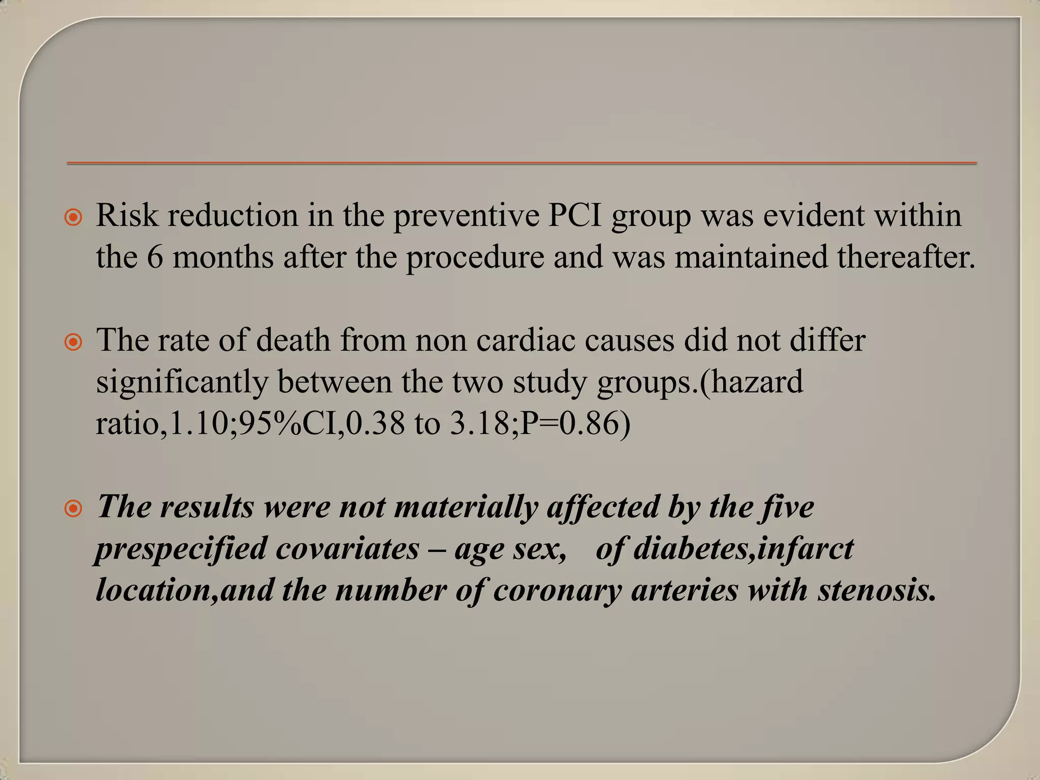 

Risk reduction in the preventive PCI group was evident within
the 6 months after the procedure and was maintained thereafter.



The rate of death from non cardiac causes did not differ
significantly between the two study groups.(hazard
ratio,1.10;95%CI,0.38 to 3.18;P=0.86)



The results were not materially affected by the five
prespecified covariates – age sex, of diabetes,infarct
location,and the number of coronary arteries with stenosis.

 