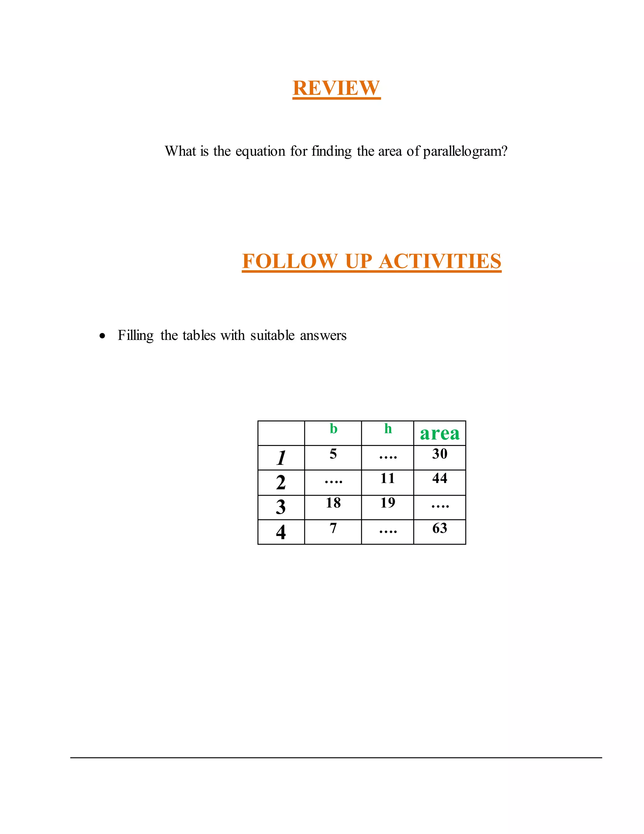 REVIEW 
What is the equation for finding the area of parallelogram? 
FOLLOW UP ACTIVITIES 
 Filling the tables with suitable answers 
b h area 
1 5 …. 30 
2 …. 11 44 
3 18 19 …. 
4 7 …. 63 
 