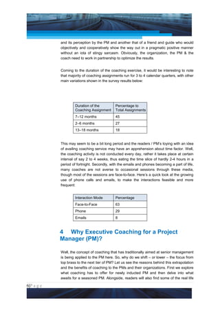 Project Management National Conference 2011                                        PMI India



                 and its perception by the PM and another that of a friend and guide who would
                 objectively and cooperatively show the way out in a pragmatic positive manner
                 without an iota of stingy sarcasm. Obviously, the organization, the PM & the
                 coach need to work in partnership to optimize the results.


                 Coming to the duration of the coaching exercise, it would be interesting to note
                 that majority of coaching assignments run for 3 to 4 calendar quarters, with other
                 main variations shown in the survey results below:




                         Duration of the          Percentage to
                         Coaching Assignment      Total Assignments
                         7–12 months              45
                         2–6 months               27
                         13–18 months             18


                 This may seem to be a bit long period and the readers / PM’s toying with an idea
                 of availing coaching service may have an apprehension about time factor. Well,
                 the coaching activity is not conducted every day, rather it takes place at certain
                 interval of say 2 to 4 weeks, thus eating the time slice of hardly 2-4 hours in a
                 period of fortnight. Secondly, with the emails and phones becoming a part of life,
                 many coaches are not averse to occasional sessions through these media,
                 though most of the sessions are face-to-face. Here’s a quick look at the growing
                 use of phone calls and emails, to make the interactions feasible and more
                 frequent:


                         Interaction Mode         Percentage
                         Face-to-Face             63
                         Phone                    29
                         Emails                   8


                 4 Why Executive Coaching for a Project
                 Manager (PM)?

                 Well, the concept of coaching that has traditionally aimed at senior management
                 is being applied to the PM here. So, why do we shift – or lower – the focus from
                 top brass to the next tier of PM? Let us see the reasons behind this extrapolation
                 and the benefits of coaching to the PMs and their organizations. First we explore
                 what coaching has to offer for newly inducted PM and then delve into what
                 awaits for a seasoned PM. Alongside, readers will also find some of the real life

6|P a g e
 Application of Select Tools of Psychology for Effective Project Management
 