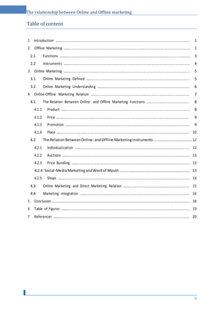 The relationship between Online and Offline marketing
Table of content
1 Introduction ............................................................................................................................. ........ 1
2 Offline Marketing ............................................................................................................................. 1
2.1 Functions ................................................................................................................................. 3
2.2 Instruments ............................................................................................................................. 4
3 Online Marketing ............................................................................................................................. 5
3.1 Online Marketing Defined ....................................................................................................... 5
3.2 Online Marketing Understanding ............................................................................................ 6
4 Online-Offline Marketing Relation .................................................................................................. 7
4.1 The Relation Between Online- and Offline Marketing Functions ........................................... 8
4.1.1 Product ................................................................................................................................ 8
4.1.2 Price ..................................................................................................................................... 9
4.1.3 Promotion ............................................................................................................................ 9
4.1.4 Place .................................................................................................................................. 10
4.2 The RelationBetweenOnline-andOffline MarketingInstruments.....................................12
4.2.1 Individualization ................................................................................................................ 12
4.2.2 Auctions ............................................................................................................................. 13
4.2.3 Price Bundling .................................................................................................................... 13
4.2.4 Social-MediaMarketingandWordof Mouth ................................................................... 13
4.2.5 Shops ................................................................................................................................. 14
4.3 Online Marketing and Direct Marketing Relation ................................................................. 15
4.4 Marketing integration ........................................................................................................... 16
5 Conclusion...................................................................................................................................... 18
6 Table of Figures .............................................................................................................................. 19
7 References ..................................................................................................................................... 20
ii
 
