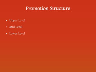 Promotion Structure
• Upper Level
• Mid Level
• Lower Level
 