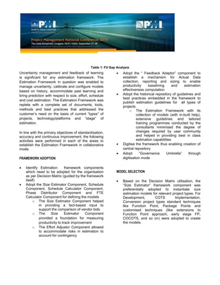Table 1: Fit Gap Analysis
Uncertainty management and feedback of learning
is significant for any estimation framework. The
Estimation Framework in question was enabled to
manage uncertainty, calibrate and configure models
based on history, accommodate past learning and
bring prediction with respect to size, effort, schedule
and cost estimation. The Estimation Framework was
replete with a complete set of documents, tools,
methods and best practices that addressed the
customer’s need on the basis of current “types” of
projects, technology/platforms and “stage” of
estimation.
In line with the primary objectives of standardisation,
accuracy and continuous improvement, the following
activities were performed in each of the areas to
establish the Estimation Framework in collaborative
mode.
FRAMEWORK ADOPTION
Identify Estimation framework components
which need to be adopted for the organisation
as per Decision Matrix (guided by the framework
itself)
Adopt the Size Estimator Component, Schedule
Component, Schedule Calculator Component,
Phase Distributor Component and FTE
Calculator Component for defining the models
o The Size Estimator Component helped
in providing a fact-based input to
support the comparison of vendor bids
o The Size Estimator Component
provided a foundation for measuring
productivity to track improvement
o The Effort Adjustor Component allowed
to accommodate risks in estimation to
account for contingency
Adopt the “ Feedback Adaptor” component to
establish a mechanism for Actual Data
collection, reporting and sizing to enable
productivity baselining and estimation
effectiveness computation
Adopt the historical repository of guidelines and
best practices embedded in the framework to
publish estimation guidelines for all types of
projects
o The Estimation Framework with its
collection of models (with in-built help),
extensive guidelines and tailored
training programmes conducted by the
consultants minimised the degree of
changes required by user community
and helped in providing best in class
estimation capabilities
Digitise the framework thus enabling creation of
central repository
Adopt “Governance Umbrella” through
digitisation mode
MODEL SELECTION
Based on the Decision Matrix utilisation, the
“Size Estimator” framework component was
preferentially adopted to instantiate size
estimation models for relevant project types. For
Development, COTS Implementation,
Conversion project types standard techniques
like Function Point, Package Points and
customised techniques (like extensions to
Function Point approach, early stage FP,
COCOTS, and so on) were adopted to create
the models.
 