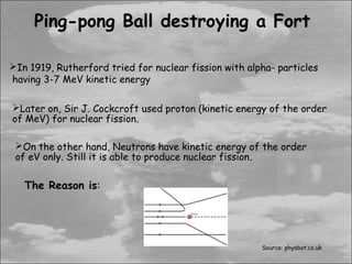 Ping-pong Ball destroying a Fort

In 1919, Rutherford tried for nuclear fission with alpha- particles
having 3-7 MeV kinetic energy

Later on, Sir J. Cockcroft used proton (kinetic energy of the order
of MeV) for nuclear fission.

 On the other hand, Neutrons have kinetic energy of the order
 of eV only. Still it is able to produce nuclear fission .

   The Reason is:




                                                       Source: physbot.co.uk
 