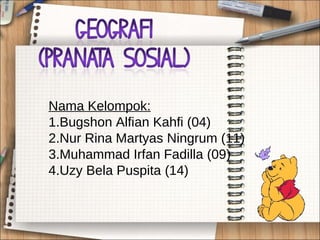 Nama Kelompok:
1.Bugshon Alfian Kahfi (04)
2.Nur Rina Martyas Ningrum (11)
3.Muhammad Irfan Fadilla (09)
4.Uzy Bela Puspita (14)
 