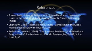 References
• Turner, Colin; Johnson, Debra - International business; themes and
issues in the modern global economy-Taylor & Francis e-Library
(2004)
• Charles W. L. Hill - International Business - Competing in the Global
Marketplace-McGraw-Hill Irwin (2010).
• Perlmutter, Howard (1969). "The Tortuous Evolution of Multinational
Enterprises". Columbia Journal of World Business;Jan/Feb69, Vol. 4
Issue 1, p9
 