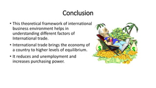 Conclusion
• This theoretical framework of international
business environment helps in
understanding different factors of
International trade.
• International trade brings the economy of
a country to higher levels of equilibrium.
• It reduces and unemployment and
increases purchasing power.
 