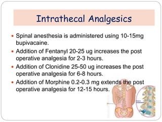  Spinal anesthesia is administered using 10-15mg
bupivacaine.
 Addition of Fentanyl 20-25 ug increases the post
operative analgesia for 2-3 hours.
 Addition of Clonidine 25-50 ug increases the post
operative analgesia for 6-8 hours.
 Addition of Morphine 0.2-0.3 mg extends the post
operative analgesia for 12-15 hours.
Intrathecal Analgesics
 