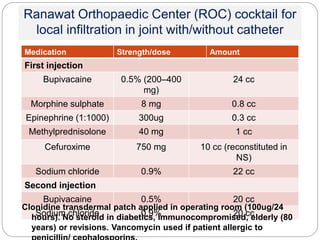 Ranawat Orthopaedic Center (ROC) cocktail for
local infiltration in joint with/without catheter
Medication Strength/dose Amount
First injection
Bupivacaine 0.5% (200–400
mg)
24 cc
Morphine sulphate 8 mg 0.8 cc
Epinephrine (1:1000) 300ug 0.3 cc
Methylprednisolone 40 mg 1 cc
Cefuroxime 750 mg 10 cc (reconstituted in
NS)
Sodium chloride 0.9% 22 cc
Second injection
Bupivacaine 0.5% 20 cc
Sodium chloride 0.9% 20 cc
Clonidine transdermal patch applied in operating room (100ug/24
hours). No steroid in diabetics, immunocompromised, elderly (80
years) or revisions. Vancomycin used if patient allergic to
 