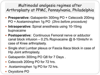 Multimodal analgesia regimes after
Arthroplasty at PPMC, Pennsylvania, Philadelphia
 Preoperative: Gabapentin 300mg PO + Celecoxib 200mg
PO + Acetaminophen 1g PO (2hrs before procedure)
 Intraoperative: Spinal anesthesia using 10-15mg
bupivacaine
 Postoperative: Continuous Femoral nerve or adductor
canal block infusion – 0.2% Ropivacaine @ 8-10mls/hr in
case of Knee arthroplasty.
 Single shot Lumbar plexus or Fascia Iliaca block in case of
Hip Joint arthroplasty.
 Gabapentin 300mg PO Q8 for 7 Days .
 Celecoxib 200mg PO for 72 hrs.
 Acetaminophen 1g PO for 72 hrs.
 Oxyodone PO
 