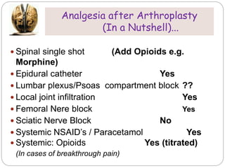  Spinal single shot (Add Opioids e.g.
Morphine)
 Epidural catheter Yes
 Lumbar plexus/Psoas compartment block ??
 Local joint infiltration Yes
 Femoral Nere block Yes
 Sciatic Nerve Block No
 Systemic NSAID’s / Paracetamol Yes
 Systemic: Opioids Yes (titrated)
(In cases of breakthrough pain)
Analgesia after Arthroplasty
(In a Nutshell)...
 