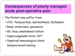 Consequences of poorly managed
acute post-operative pain
 The Patient may suffer from:
 CVS: Tachycardias, dysrhythmias, Ischaemia
 Resp: atelectasis, pneumonia
 GI: ileus, anastamosis failure
 Hypercoagulable state: DVT
 Impaired immunological state:
Delayed wound healing
 