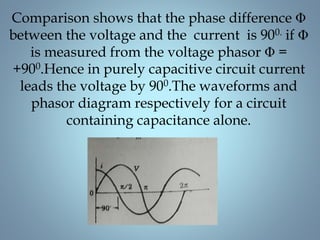 Comparison shows that the phase difference Φ
between the voltage and the current is 900. if Φ
is measured from the voltage phasor Φ =
+900.Hence in purely capacitive circuit current
leads the voltage by 900.The waveforms and
phasor diagram respectively for a circuit
containing capacitance alone.
 