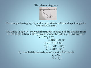 The phasor diagram:
The triangle having VR , Vc and V as its side is called voltage triangle for
a series R-C circuit.
The phase angle ΦC between the supply voltage and the circuit current
is the angle between the hypotenuse and the side VR . It is observed :
V2 = V2
R + V2
c
= (RI)2 + (Xc I)2
V2/I2 = R2 + X2
c
V/I = √(R2 + X2
c)
Zc = √(R2 + X2
c)
Zc is called the impedance of a series R-C circuit
Zc = V/I
V = Zc I
 