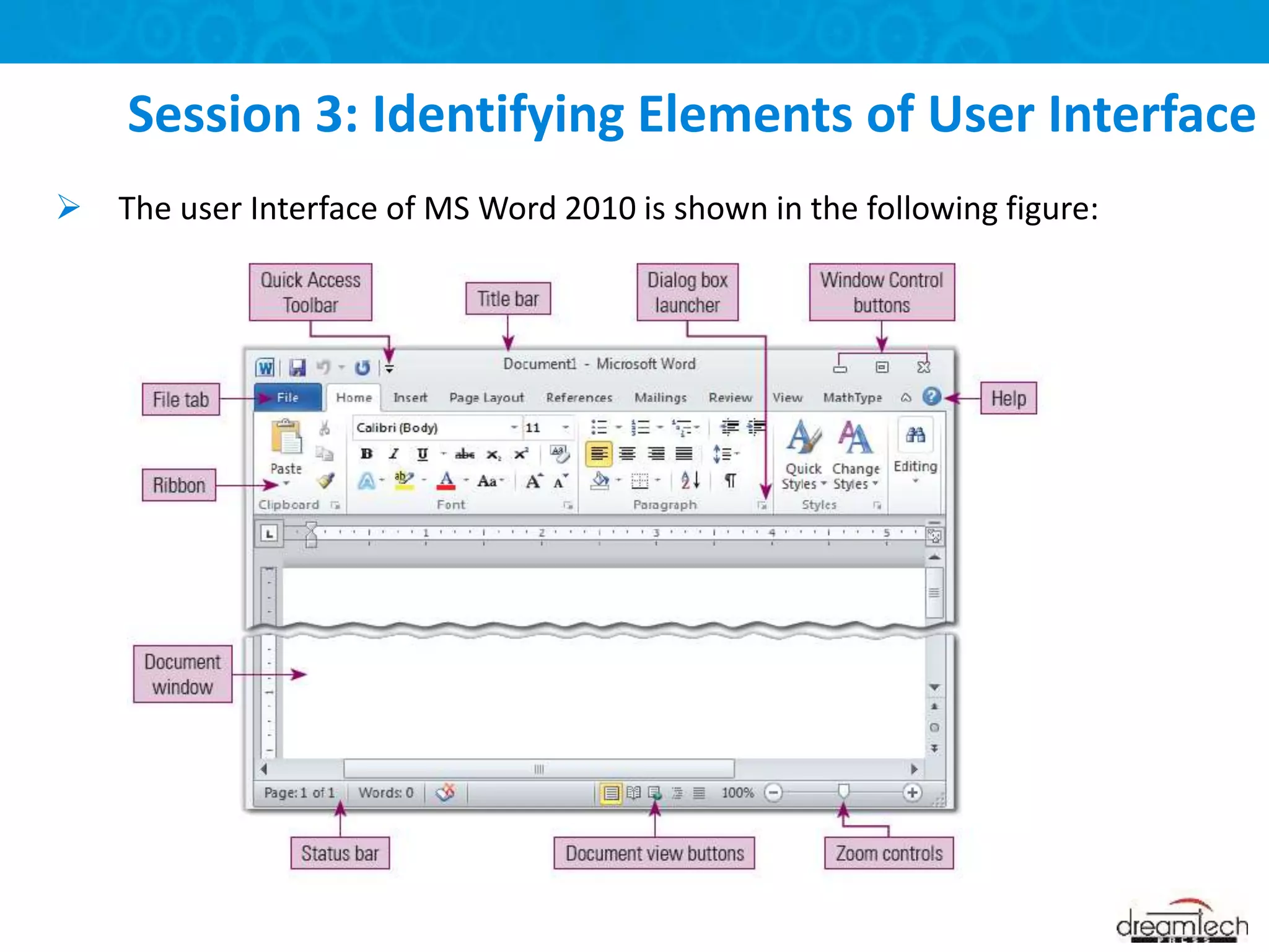  The user Interface of MS Word 2010 is shown in the following figure:
Session 3: Identifying Elements of User Interface
 
