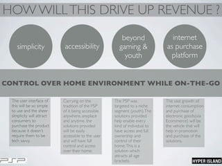 HOW WILLTHIS DRIVE UP REVENUE ?
CONTROL OVER HOME ENVIRONMENT WHILE ON-THE-GO
simplicity accessibility
beyond
gaming &
youth
internet
as purchase
platform
The user interface of
this will be so simple
to use and the sheer
simplicity will attract
consumers to
purchase the product
because it doesn’t
require them to be
tech savvy.
Carrying on the
tradition of the PSP
of it being accessible
anywhere, anyplace
and anytime, the
solutions provided
will be easily
accessible to the user
and will have full
control and access
over their home.
The PSP was
targeted to a niche
segment (youth).The
solutions provided
help enable every
kind of individual to
have access and full
ownership and
control of their
home.This is a
solution which
attracts all age
brackets.
The vast growth of
internet consumption
and purchase of
electronic goods(via
Ecommerce) will be
the vehicle that will
help in promotion
and purchase of the
solutions.
 