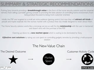 SUMMARY & STRATEGIC RECOMMENDATIONS
The Desired Outcome
Market
Space
The NewValue Chain
Pushing Sony towards providing a breakthrough value in the form of the home security solution and the universal
remote. From selling a portable gaming console to providing the best solution of controlling home environment. From
being product focussed to being more customer oriented.
Initially the PSP was targeted to a small yet niche audience (gaming centric) but now they will attract all kinds of
people and maybe explode into the woman market with a product that was initially designed to never attract them.
The Home Security solution works like a concierge service as well. So, the relationship with the user is maintained
and doesn’t end with the purchase of the PSP.
Opening up doors to a new market space which is waiting to be dominated by Sony.
Effective cost solutions by taking out cost spent on controlling gadgets, remotes by providing a multi-purpose
solution
Customer Activity Cycle
 