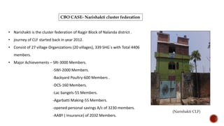• Narishakti is the cluster federation of Rajgir Block of Nalanda district .
• journey of CLF started back in year 2012.
• Consist of 27 village Organizations (20 villages), 339 SHG`s with Total 4406
members.
• Major Achievements – SRI-3000 Members.
-SWI-2000 Members.
-Backyard Poultry-600 Members .
-DCS-160 Members.
-Lac bangels-55 Members.
-Agarbatti Making-55 Members.
-opened personal savings A/c of 3230 members.
-AABY ( Insurance) of 2032 Members.
CBO CASE- Narishakti cluster federation
(Narishakti CLF)
 