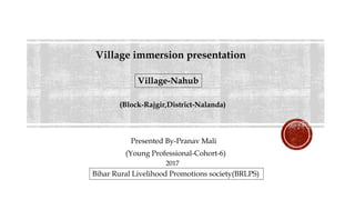Village immersion presentation
Presented By-Pranav Mali
(Young Professional-Cohort-6)
Bihar Rural Livelihood Promotions society(BRLPS)
Village-Nahub
(Block-Rajgir,District-Nalanda)
2017
 
