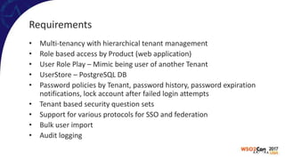 Requirements
• Multi-tenancy with hierarchical tenant management
• Role based access by Product (web application)
• User Role Play – Mimic being user of another Tenant
• UserStore – PostgreSQL DB
• Password policies by Tenant, password history, password expiration
notifications, lock account after failed login attempts
• Tenant based security question sets
• Support for various protocols for SSO and federation
• Bulk user import
• Audit logging
 